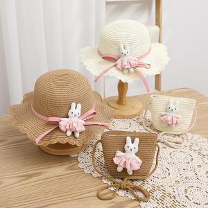 可爱粉裙兔子儿童草帽公主帽子包包套件宝宝防晒太阳帽小孩沙滩帽