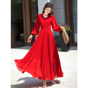 高货大红色雪纺沙滩裙超长款春季连衣裙海边度假长袖大摆超仙长裙