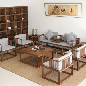 新中式禅意沙发组合实木客厅罗汉床贵妃榻黑胡桃木仿古布艺小户型