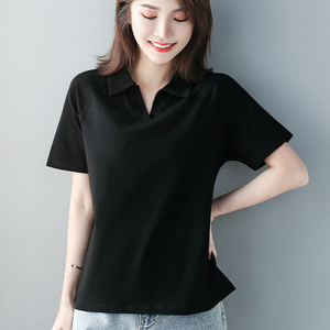 黑色polo衫女夏季翻领短袖t恤胖mm宽松大码显瘦上衣体血纯棉衬衣