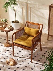 欧式复古椅美式藤编单人竹节沙发椅家用客厅主人椅中式休闲