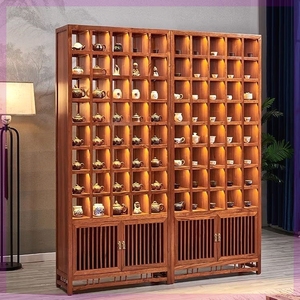 榆木新中式紫砂壶茶具定制实木格子置物架玻璃柜带灯多宝阁展示柜