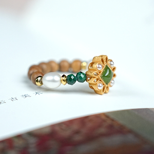 老山檀香珍珠宝石戒指女小众设计和田玉指环木珠新中式指尖绕指柔