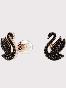 正品新款 施华洛世奇优雅耳环swan黑色天鹅耳钉玫瑰金水晶珍珠