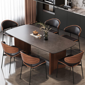 双虎家具法式复古胡桃木色实木岩板餐桌客厅家用轻奢现代简约意式