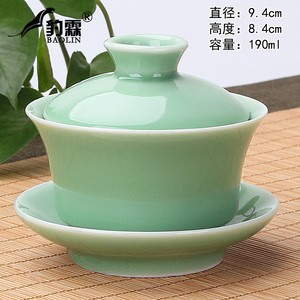 青瓷三才盖碗带盖泡茶杯单个茶碗防烫手功夫陶瓷茶具大号龙泉绿色