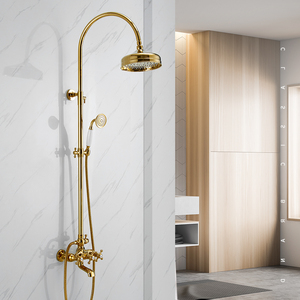科勒᷂金色花洒套装家用全铜增压复古淋浴仿古明装浴室美式仿古花