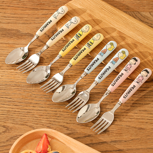 史努比食品级304不锈钢儿童叉子勺子家用可爱卡通陶瓷把水果叉勺