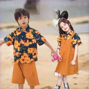 男童时尚韩版夏季新款套装中小童洋气休闲衬衫姐弟装女童背带群潮