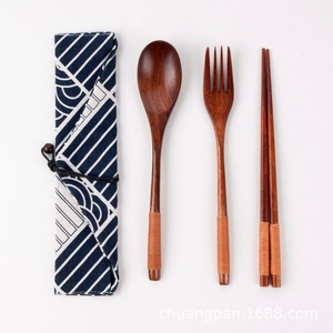 日式和风缠线木叉勺筷木质布袋筷子勺子叉子旅行便携式餐具三件套