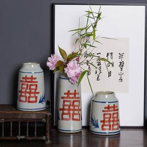 景德镇陶瓷青花花瓶复古手绘红喜字小号花器客厅水培桌面日式摆件