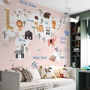卡通动物世界地图墙纸蓝粉色儿童房床头壁纸男孩女孩卧室背景墙布