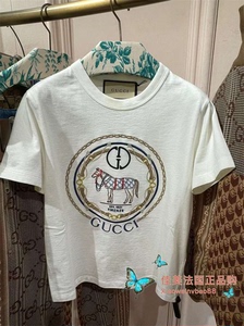 法国代购Gucci/古驰2024年新款女士饰互扣式双G针织棉短款T恤短袖