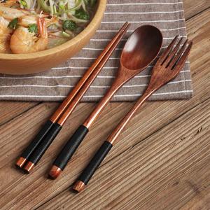 日式楠木筷勺叉三件套木筷子木头勺子木叉子木质长柄缠线餐具套装