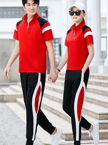 耐克夏季新品团体情侣款男女短袖立领拼色收口小脚长裤运动服套装