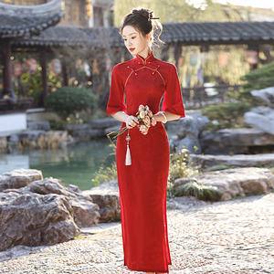 红色旗袍套装外嫁女回娘家长款礼仪迎宾礼服裙新中式2024新款夏季