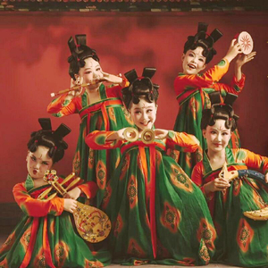 唐三彩汉服女童汉唐风唐宫夜宴儿童演出服古装古典舞蹈服唐乐舞俑