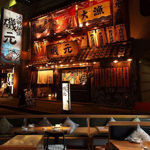 日式寿司料理店墙纸和风餐厅壁画日本建筑壁纸街景居酒屋装饰墙布