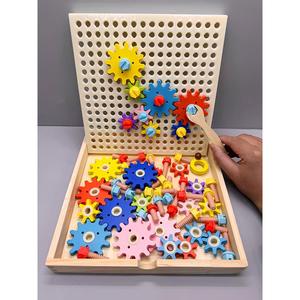 儿童木制机械转动齿轮百变游戏幼儿园益智区操作拼装观察拼图玩具