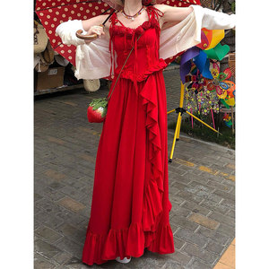 纯欲设计感玫瑰花朵吊带连衣裙女夏季氛围感收腰显瘦气质连体长裙