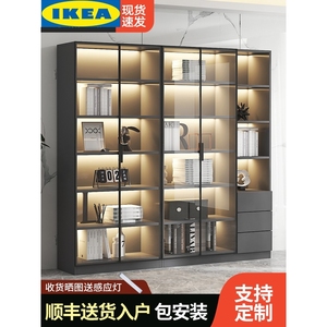 lKEA宜家书柜带玻璃门展示酒柜轻奢定制家用客厅一体整墙到顶书架