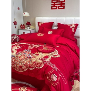 罗莱᷂家纺高档中式龙凤刺绣结婚四件套大红色床单被套纯棉喜被婚