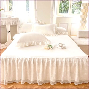 包邮单层薄款床裙单件蕾丝花边白色床罩防尘罩夏季遮丑床单防滑保