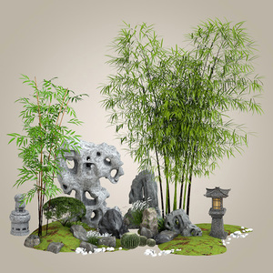 新中式竹子假山石太湖石造型景观小品石狮路灯SU模型C4D模型S687