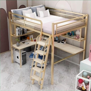 高架床上床下桌阁楼高低床带书桌书架组合小户型错位上下转角书桌