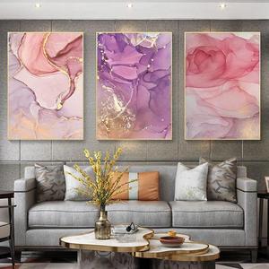 现代家居沙发背景墙装饰挂画 粉紫色块抽象金箔图案无框帆布画芯