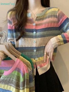 茵曼夏季镂空彩虹条纹大码女装长袖上衣羊毛衫显瘦针织开衫女毛衣