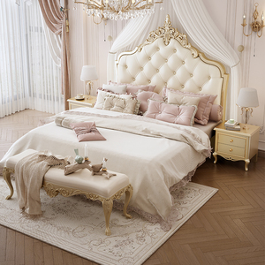 美式轻奢床主卧大床双人床法式雕花奶油风实木软包床真皮公主婚床