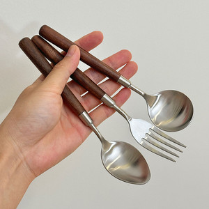 叉勺家用食品级304不锈钢木叉子勺子高颜值柄木质餐具儿童汤饭勺