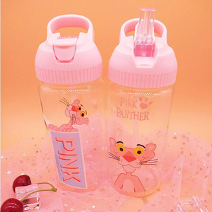 韩版粉红豹卡通儿童吸管杯学生便携提手玻璃杯少女耐高温随手杯子