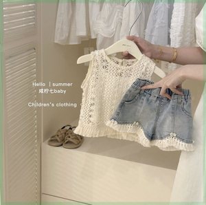 韩系女童夏季洋气套装女宝宝2024新款吊带背心儿童牛仔短裤三件套