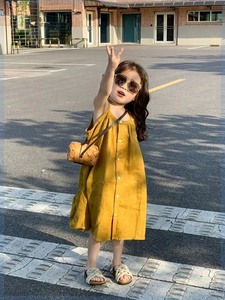 女童黄色连衣裙夏季洋气衬衫裙韩版童装宝宝时髦宽松纯棉吊带裙