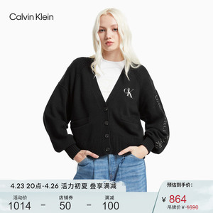 ck jeans女装时尚简约刺绣logo灯笼袖纽扣v领针织开衫毛衣j217373