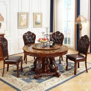 欧式大理石实木餐桌椅组合家用美式圆形饭桌带转盘豪华雕花圆桌