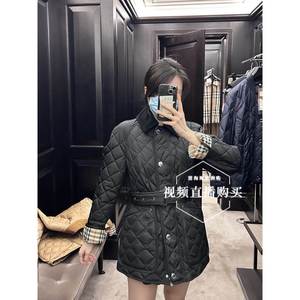 Burberry博柏利丝绒翻领中长款附腰带女士棉服外套