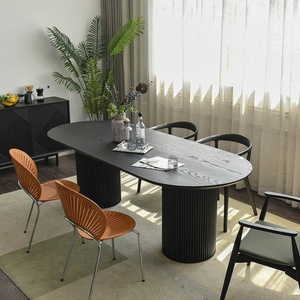 法式实木餐桌极简设计师椭圆形会议办公工作台黑色原木长条吃饭桌