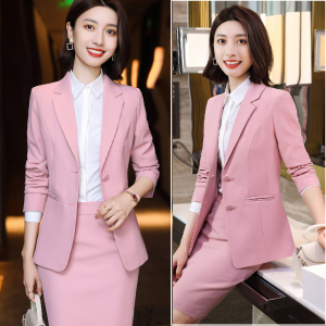 新闻节目主持人正装女套裙粉色职业西装套装播音艺考上镜大赛服装