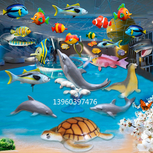 仿真海豚热带鱼模型空中吊饰玻璃钢海洋主题鲤鱼鲨鱼雕塑海龟摆件