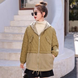 秋冬2022年新款棉服设计感女连帽卫衣棉衣外套拼接时尚薄款棉袄潮