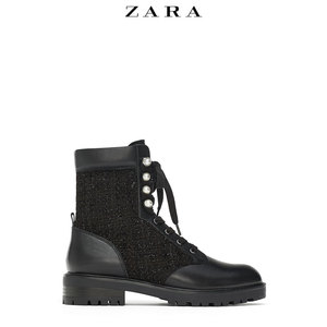 ZARA新款 女鞋 冬季 斜纹软呢拼接短靴马丁靴…