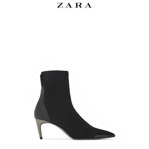 ZARA新款 女鞋 冬季 黑色拼接尖头短靴  1…