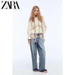 ZARA2024秋季新品 女装 网眼印花拼接针织白色长袖上衣 6236104