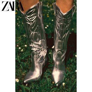 ZARA夏季新品 TRF 女鞋 银色金属系尖头粗高跟牛仔靴 3095310 092