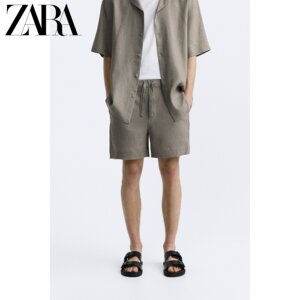 ZARA24春季新品 男装 浅卡其纯亚麻休闲百搭透气短裤 2634601 506