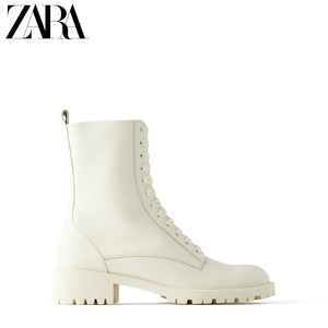 ZARA 新款 TRF 女鞋 白色绑带牛皮革真皮马丁靴中靴