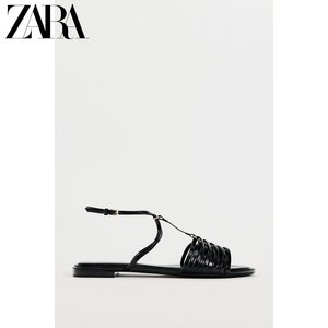 ZARA夏季新品 女鞋 黑色漆皮脚背包带式平底休闲凉鞋 2502310 800